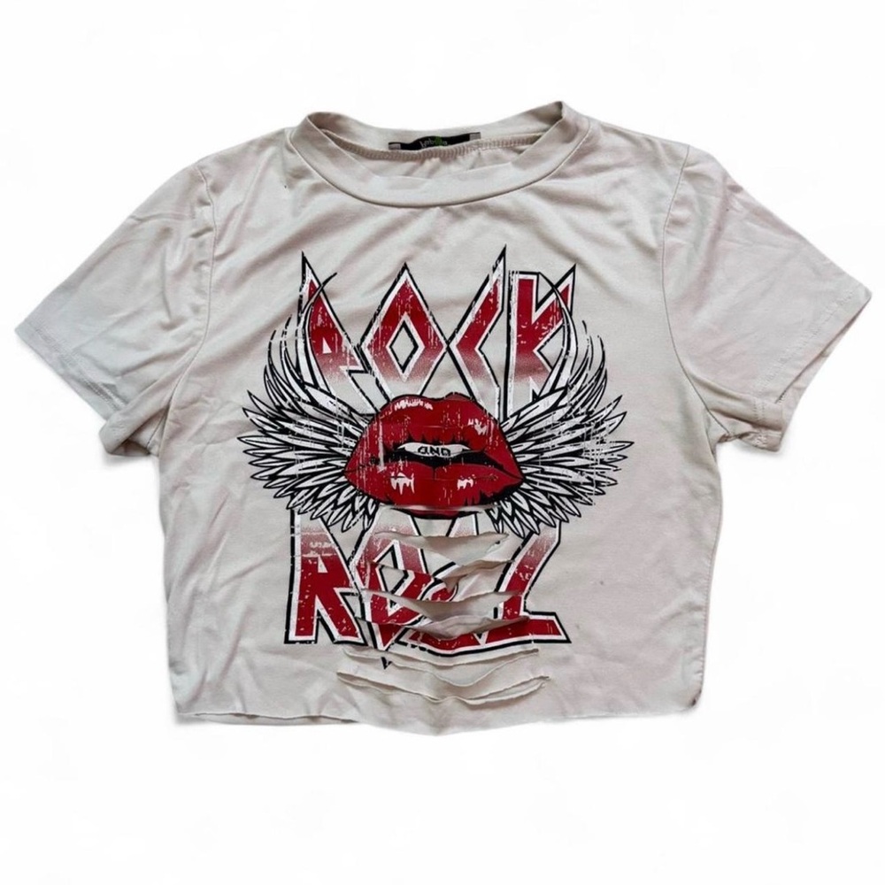 Cream, White & Red Graphic Rock & Roll Crop Top